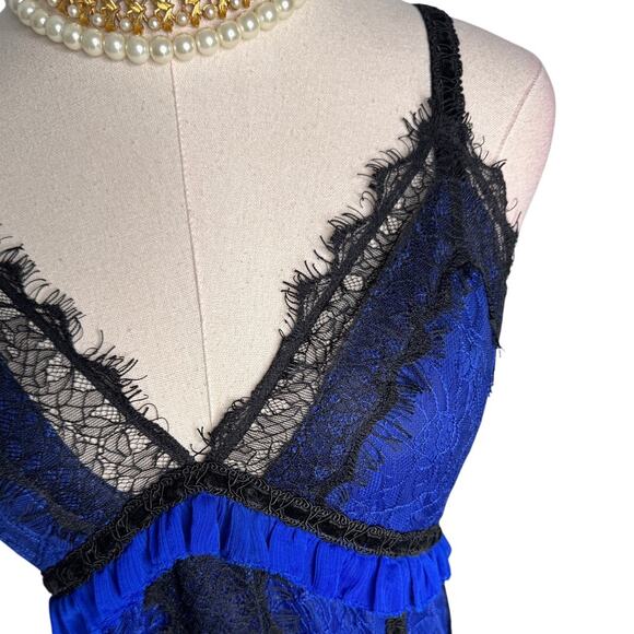 Alice + Olivia Opal Lace Handkerchief Dress Black Blue Size 6 Midi Lace Ruffle - Picture 5 of 12